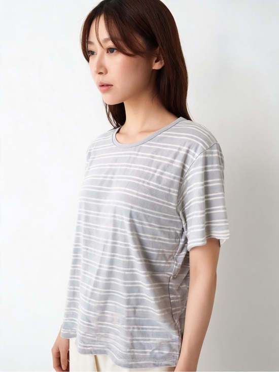 COS Tops - COS Striped Tee Grey White 100% Cotton Relaxed Crew Neck Short Sleeve Top Size L